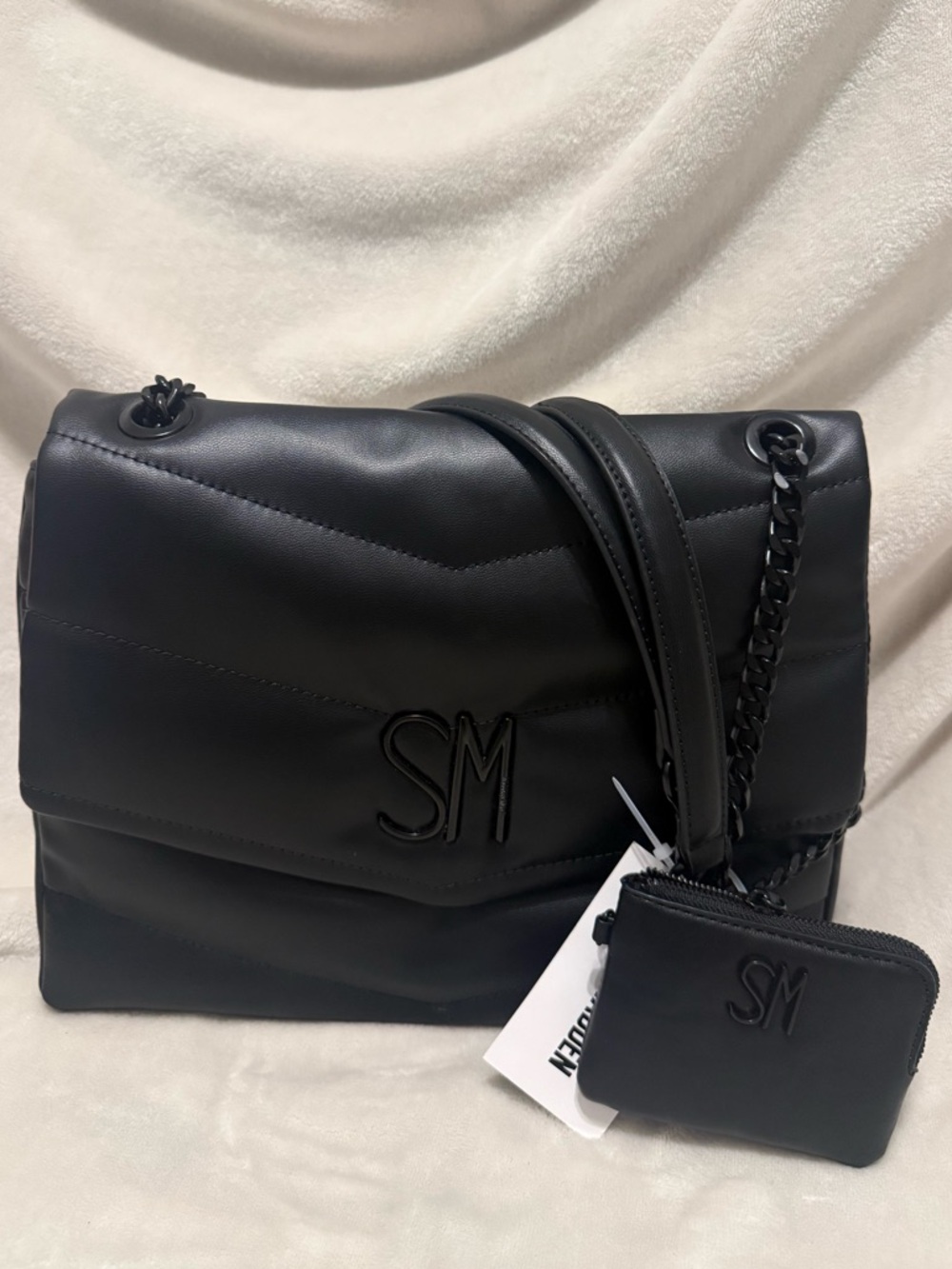 NWT Steve Madden Black Quilted Chain Shoulder Bag SM Logo Purse Trendy